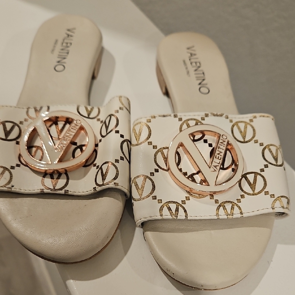 Valentino White and Gold Women's Slide Sandals